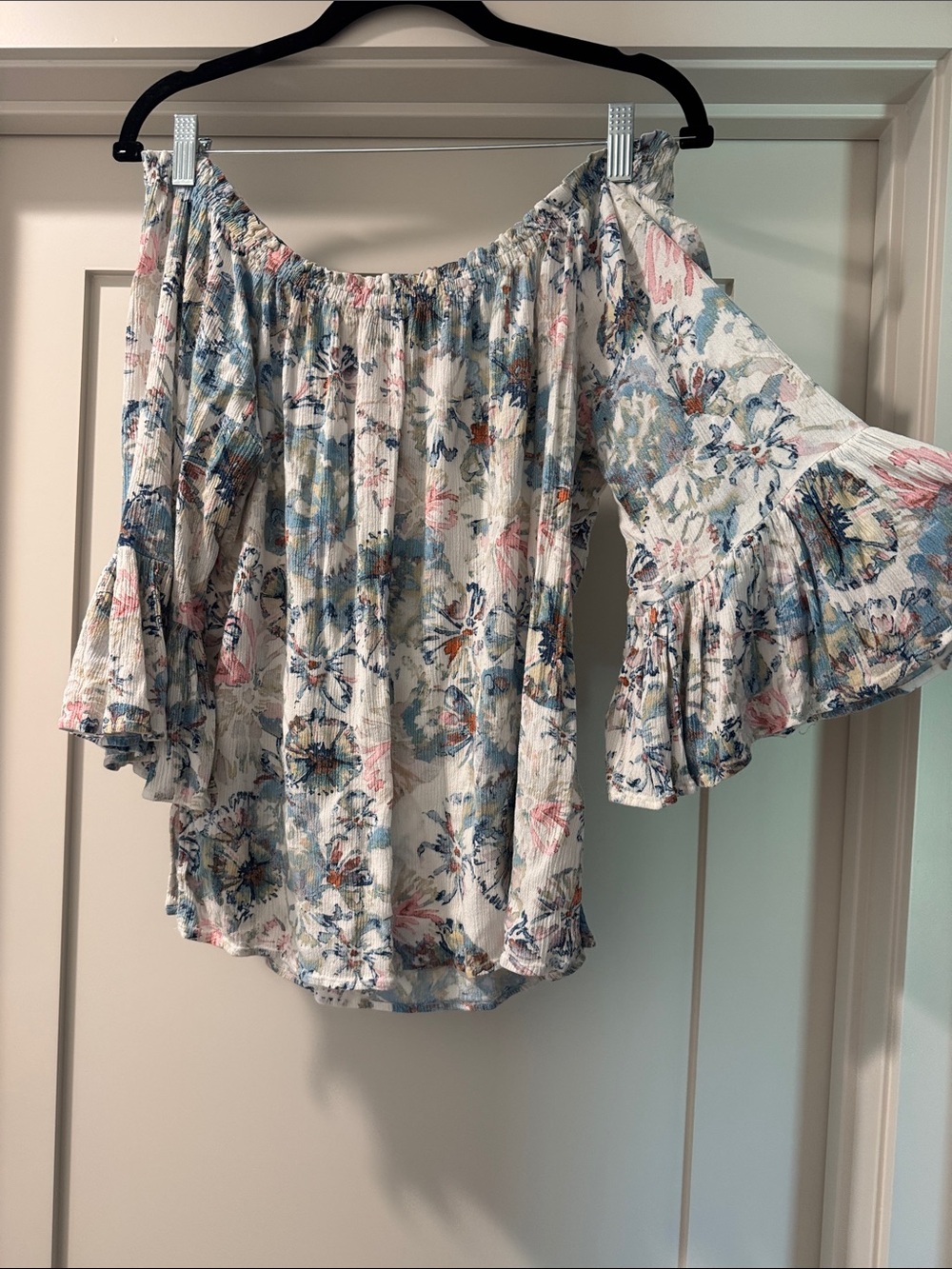 Karen Kane Off-Shoulder Floral Bell-Sleeve Top in Cream and Blue